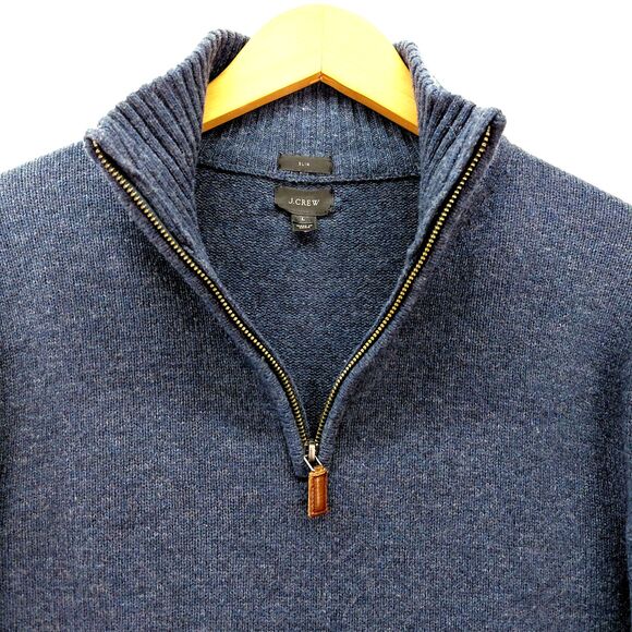 J Crew Sweater Men Large Blue Lambswool 1/4 Zip Knit Mock Neck Slim Fit Academia - Picture 5 of 11